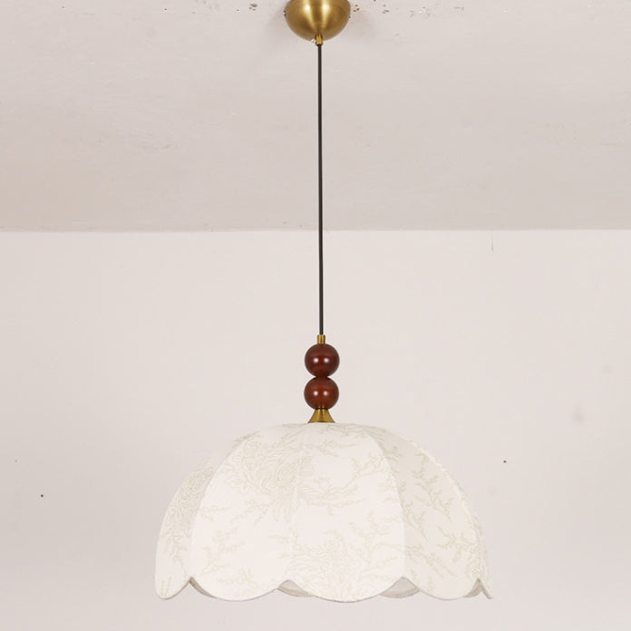 Traditional Vintage Solid Wood Flower Fabric Shade 1-Light Pendant Light For Living Room