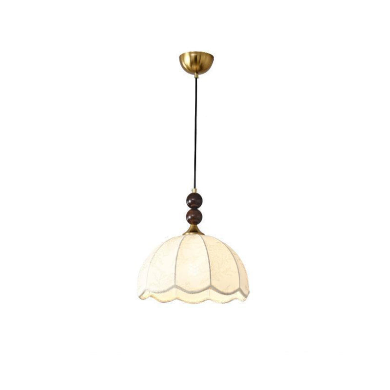 Traditional Vintage Solid Wood Flower Fabric Shade 1-Light Pendant Light For Living Room