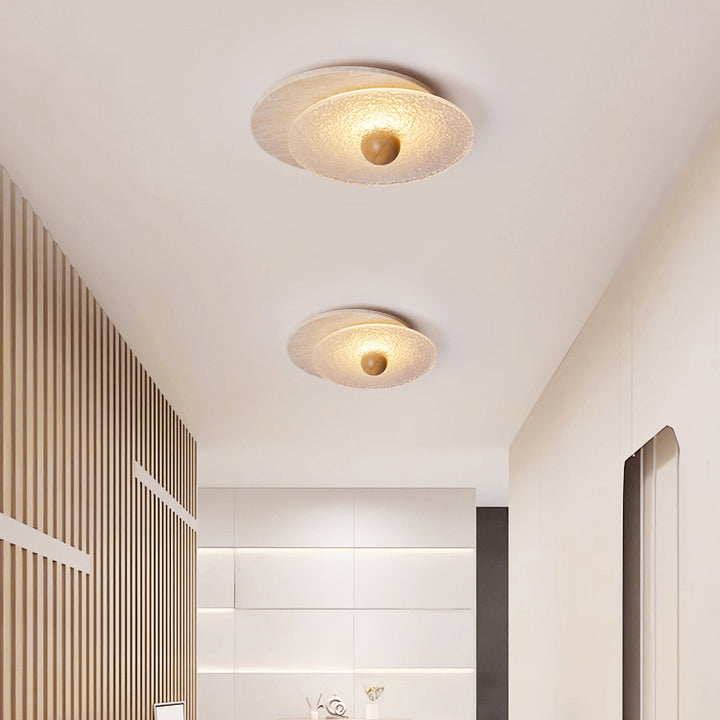 Plafonnier LED à montage encastré avec abat-jour en verre ondulé en travertin rond traditionnel japonais pour salon 
