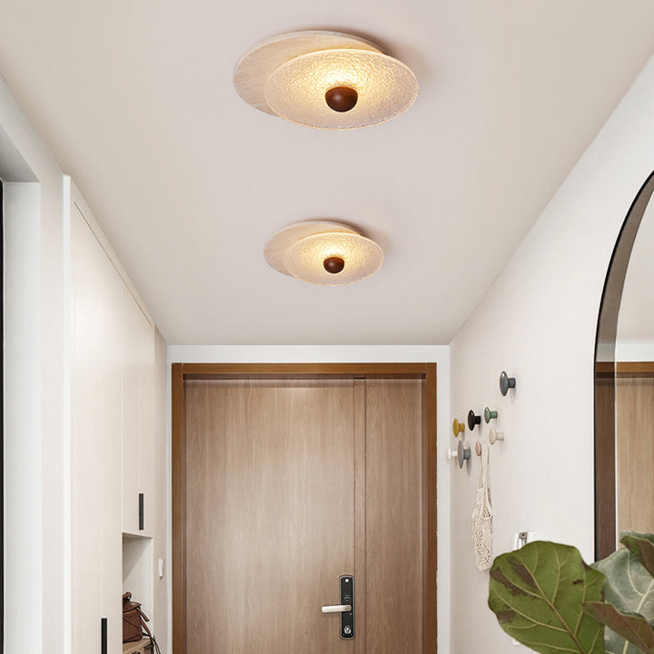 Plafonnier LED à montage encastré avec abat-jour en verre ondulé en travertin rond traditionnel japonais pour salon 