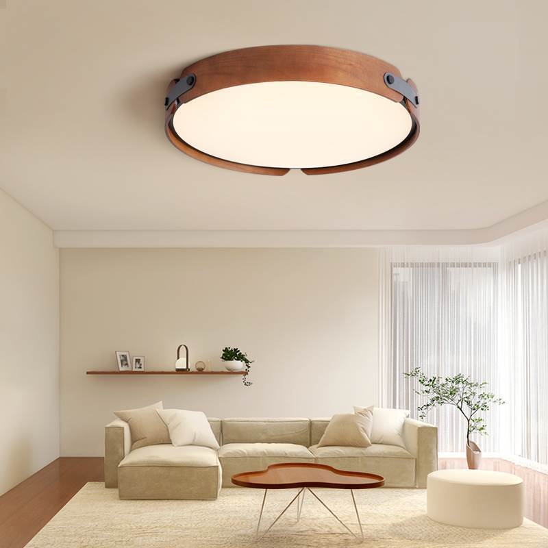 Plafonnier LED moderne minimaliste en fer et bois avec abat-jour rond pour salon 