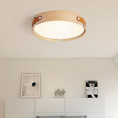Plafonnier LED moderne minimaliste en fer et bois avec abat-jour rond pour salon 