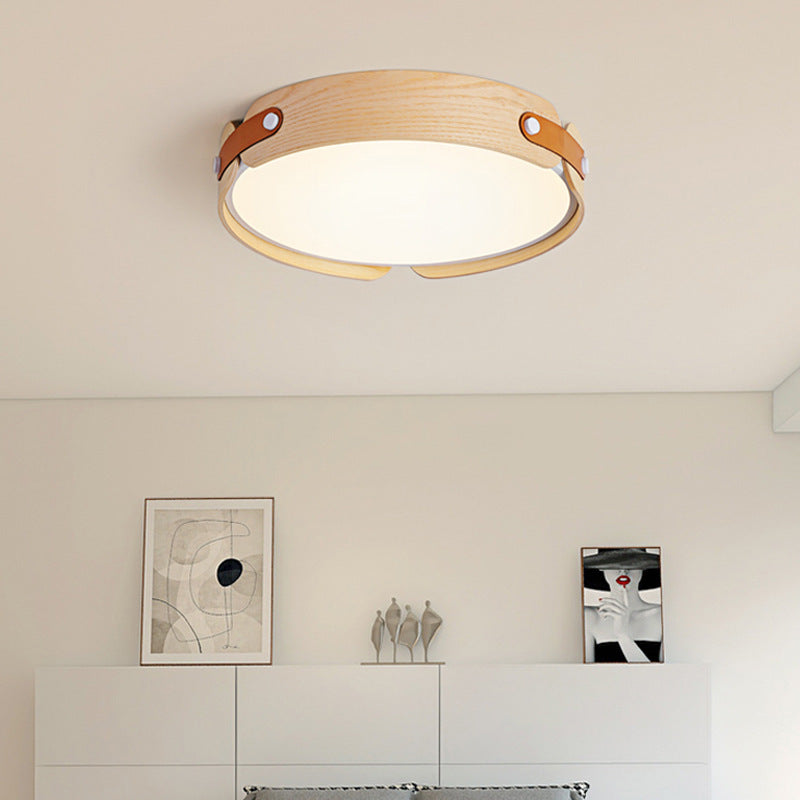 Plafonnier LED moderne minimaliste en fer et bois avec abat-jour rond pour salon 