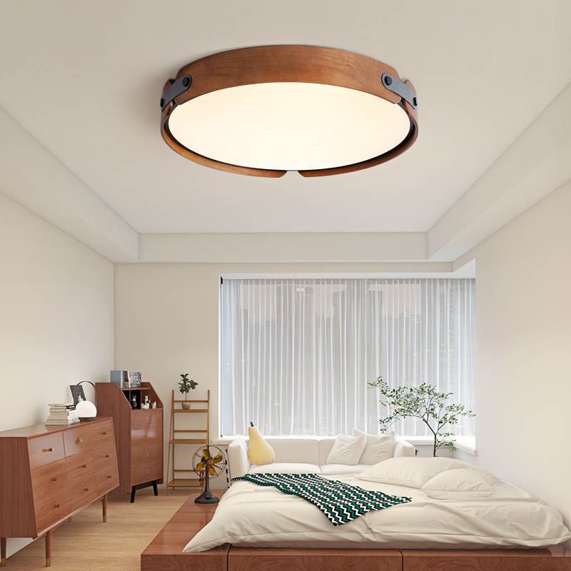 Plafonnier LED moderne minimaliste en fer et bois avec abat-jour rond pour salon 