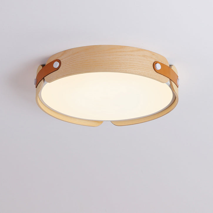 Plafonnier LED moderne minimaliste en fer et bois avec abat-jour rond pour salon 
