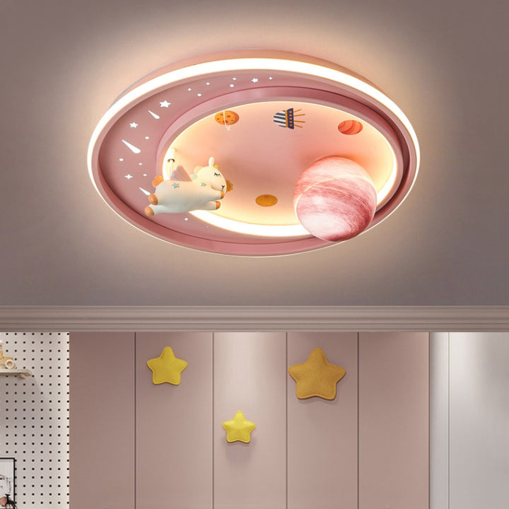 Contemporary Creative Iron Acrylic Cartoon Astronaut Spaceman Planet LED Flush Mount Ceiling Light For Living Room