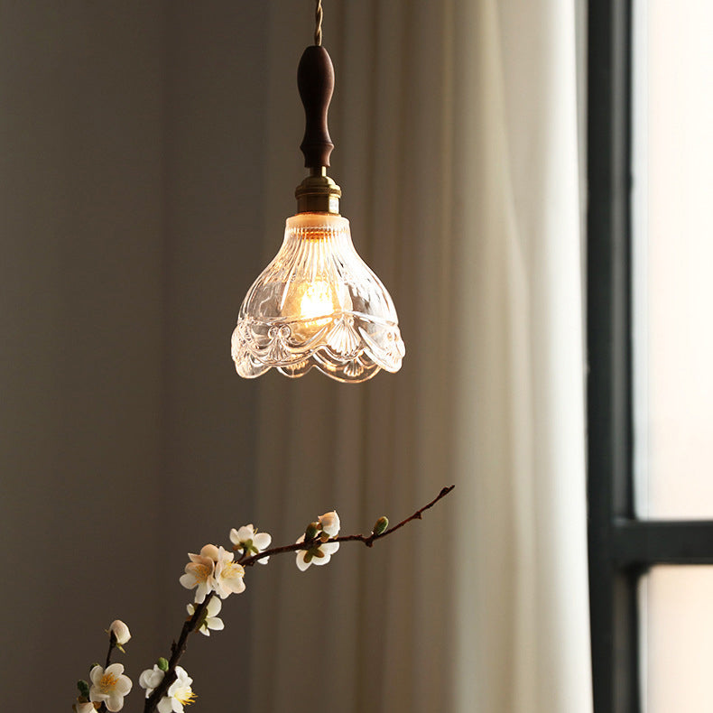 Suspension Luminaire à 1 Lumière avec Abat-Jour en Verre et Laiton Bois Japonais Traditionnel pour Chambre 