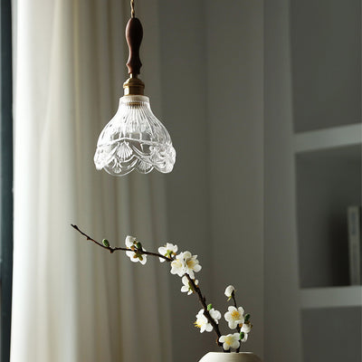 Suspension Luminaire à 1 Lumière avec Abat-Jour en Verre et Laiton Bois Japonais Traditionnel pour Chambre 