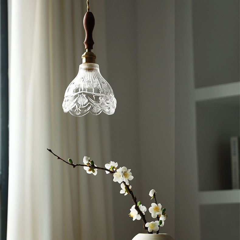 Suspension Luminaire à 1 Lumière avec Abat-Jour en Verre et Laiton Bois Japonais Traditionnel pour Chambre 