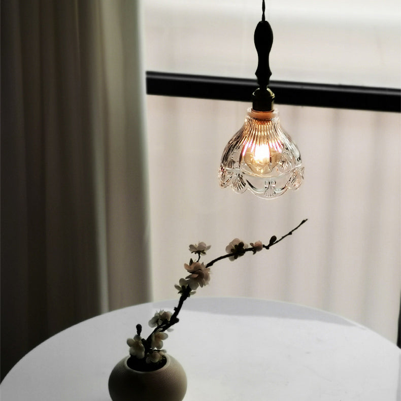 Suspension Luminaire à 1 Lumière avec Abat-Jour en Verre et Laiton Bois Japonais Traditionnel pour Chambre 