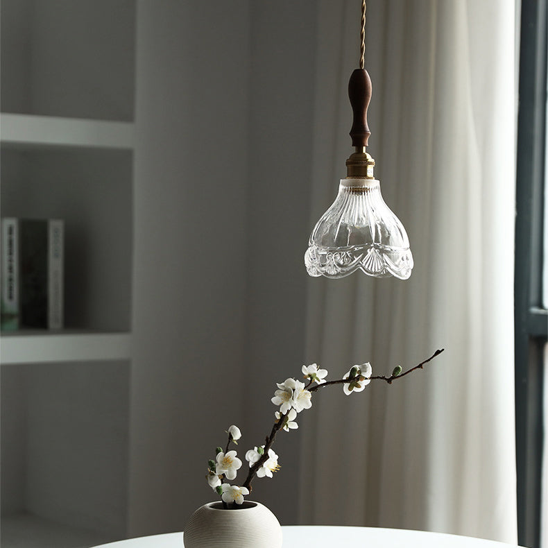 Suspension Luminaire à 1 Lumière avec Abat-Jour en Verre et Laiton Bois Japonais Traditionnel pour Chambre 