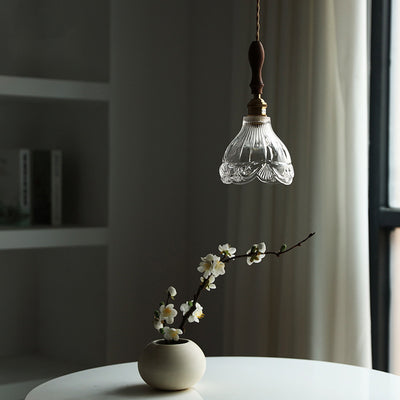 Suspension Luminaire à 1 Lumière avec Abat-Jour en Verre et Laiton Bois Japonais Traditionnel pour Chambre 