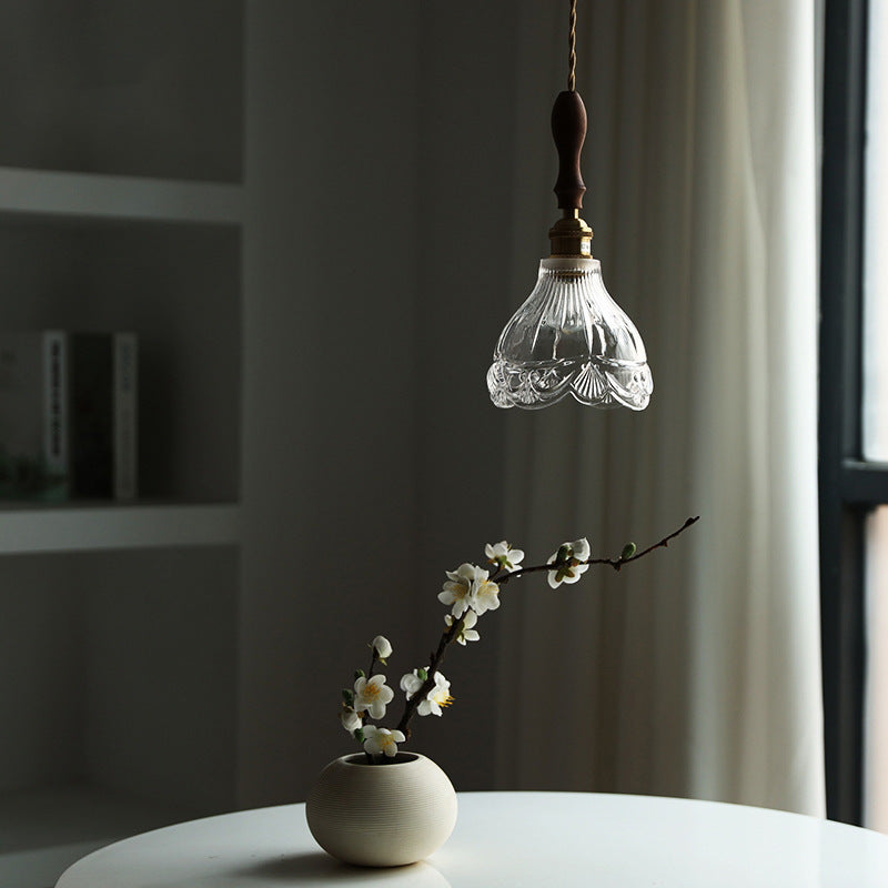 Suspension Luminaire à 1 Lumière avec Abat-Jour en Verre et Laiton Bois Japonais Traditionnel pour Chambre 