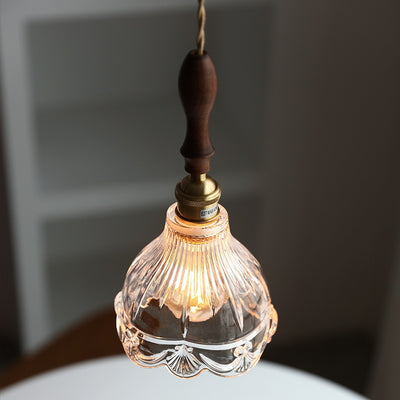 Suspension Luminaire à 1 Lumière avec Abat-Jour en Verre et Laiton Bois Japonais Traditionnel pour Chambre 