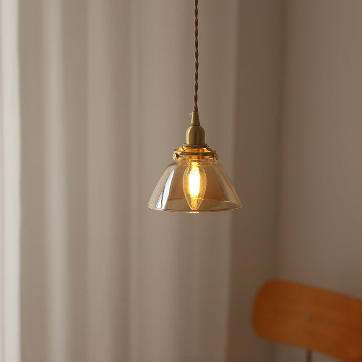 Suspension luminaire à 1 lumière avec abat-jour en verre semi-conique en laiton vintage traditionnel pour salon 
