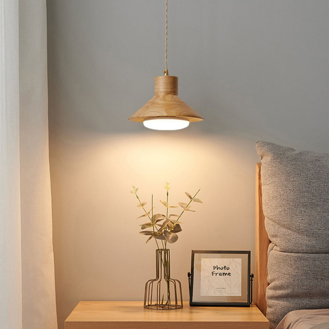 Traditional Japanese Wood Grain Tapered 1-Light Pendant Light For Living Room