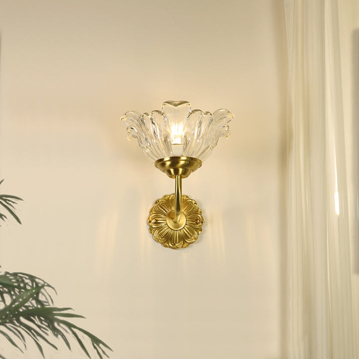Applique murale moderne en laiton de luxe avec abat-jour en verre fleur 1 lumière pour chambre 