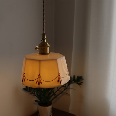 Lustre suspendu rond en céramique imprimée glacée en laiton antique français traditionnel à 1 lumière pour salon 