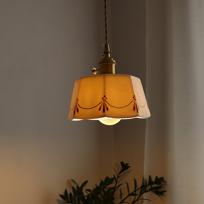 Lustre suspendu rond en céramique imprimée glacée en laiton antique français traditionnel à 1 lumière pour salon 
