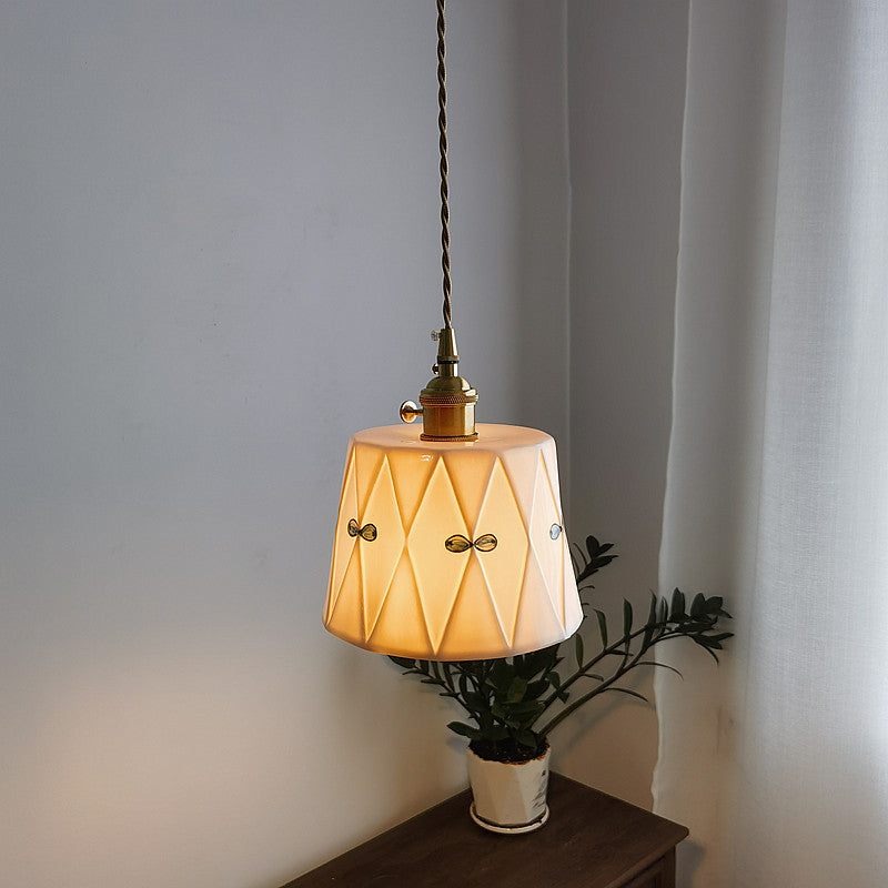 Lustre suspendu rond en céramique imprimée glacée en laiton antique français traditionnel à 1 lumière pour salon 