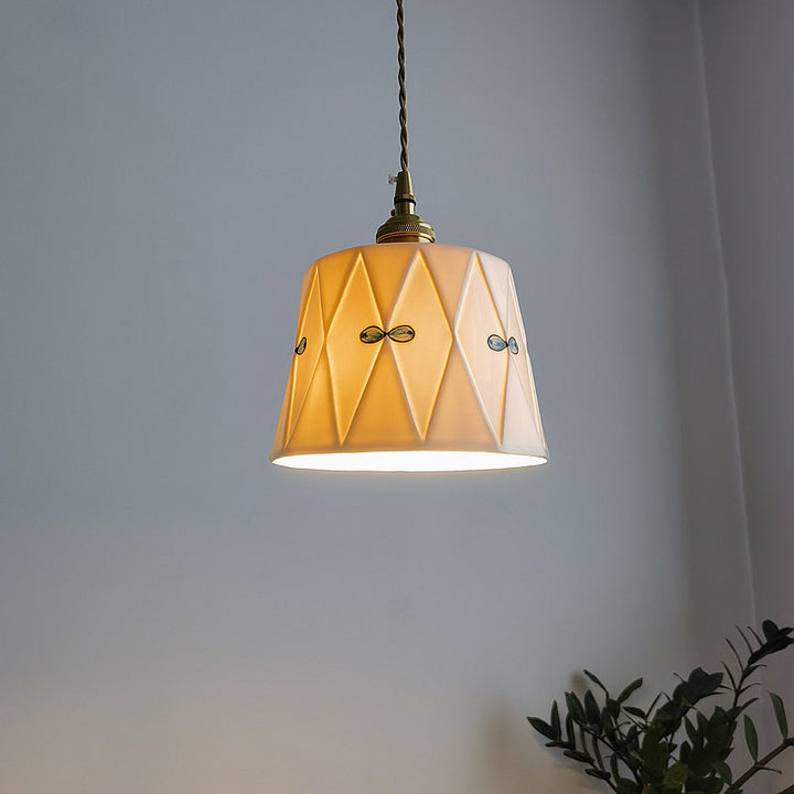 Lámpara colgante redonda de 1 luz de cerámica impresa esmaltada de latón antiguo francés tradicional para sala de estar 