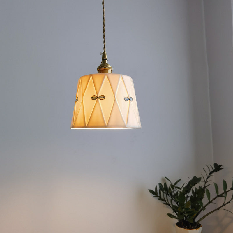 Lustre suspendu rond en céramique imprimée glacée en laiton antique français traditionnel à 1 lumière pour salon 