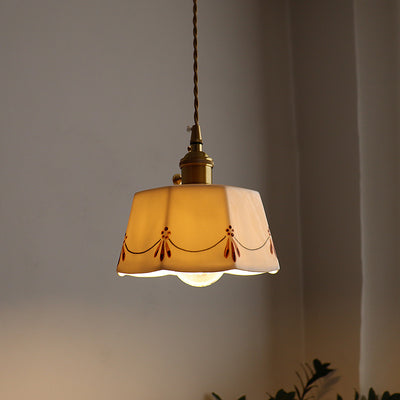 Lustre suspendu rond en céramique imprimée glacée en laiton antique français traditionnel à 1 lumière pour salon 