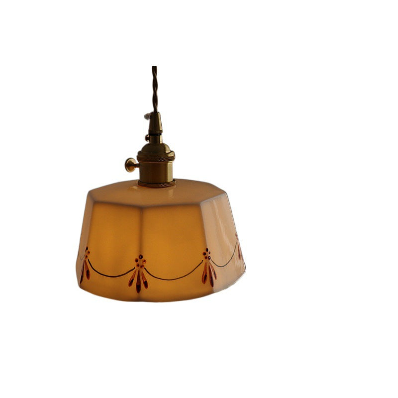 Lustre suspendu rond en céramique imprimée glacée en laiton antique français traditionnel à 1 lumière pour salon 