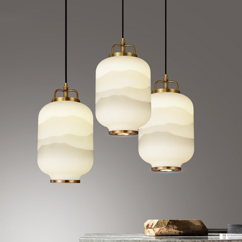Traditionelle chinesische Zen-Tuschemalerei, zylindrischer Glasschirm, Kupfer, 1-flammige Pendelleuchte für Wohnzimmer 