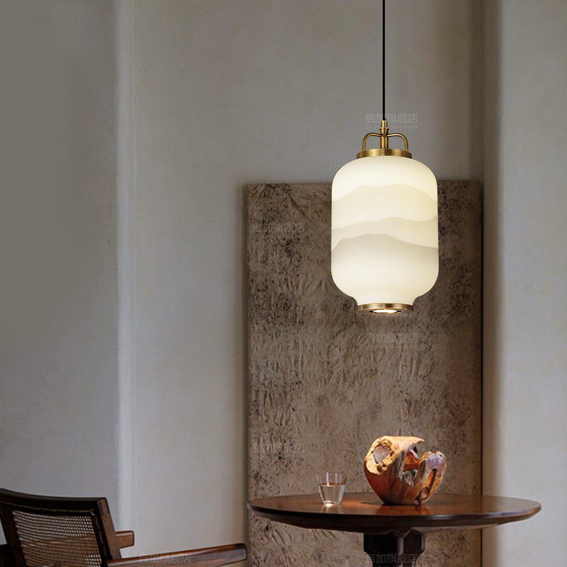 Traditionelle chinesische Zen-Tuschemalerei, zylindrischer Glasschirm, Kupfer, 1-flammige Pendelleuchte für Wohnzimmer 