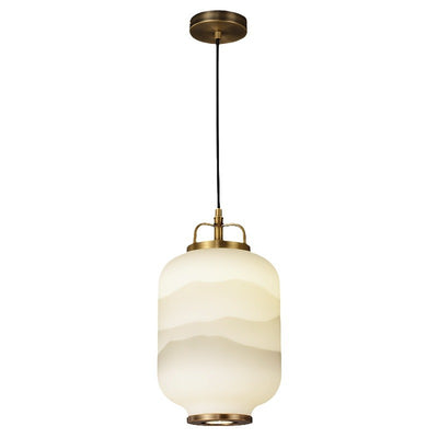 Traditionelle chinesische Zen-Tuschemalerei, zylindrischer Glasschirm, Kupfer, 1-flammige Pendelleuchte für Wohnzimmer 