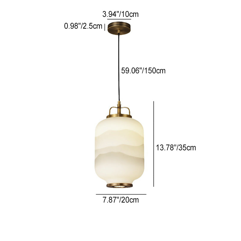Traditionelle chinesische Zen-Tuschemalerei, zylindrischer Glasschirm, Kupfer, 1-flammige Pendelleuchte für Wohnzimmer 