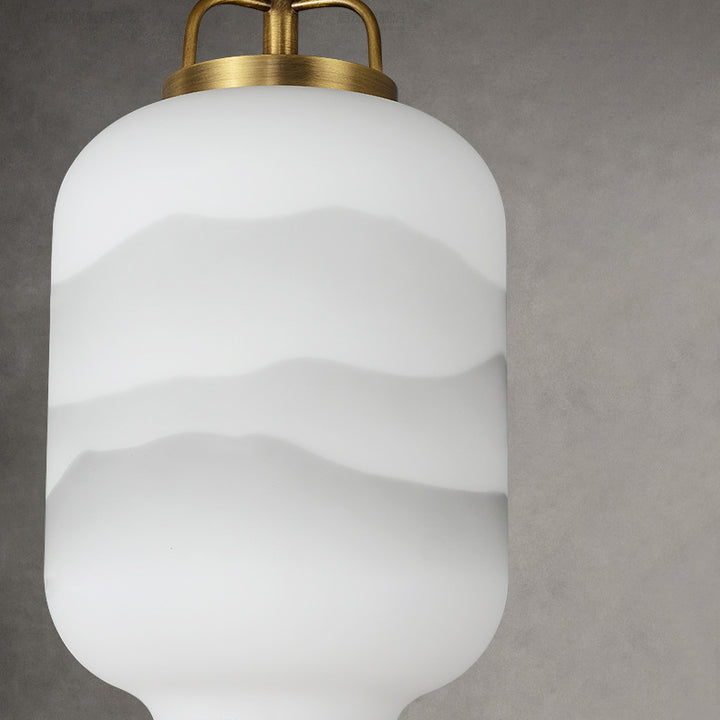 Traditional Chinese Zen Ink Wash Painting Glass Cylindrical Shade Copper 1-Light Pendant Light For Living Room