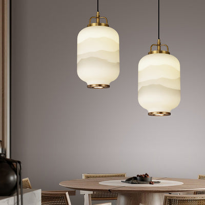 Traditionelle chinesische Zen-Tuschemalerei, zylindrischer Glasschirm, Kupfer, 1-flammige Pendelleuchte für Wohnzimmer 
