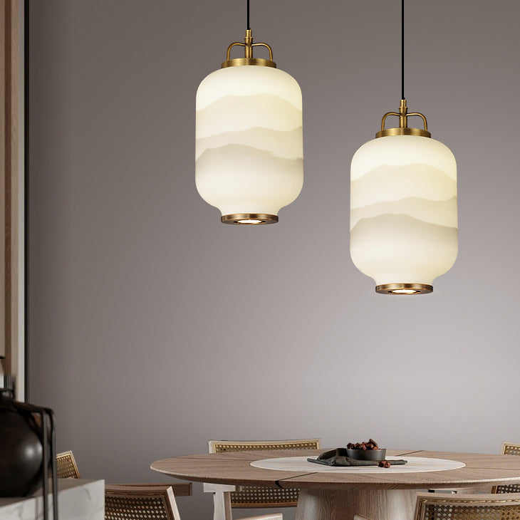 Traditionelle chinesische Zen-Tuschemalerei, zylindrischer Glasschirm, Kupfer, 1-flammige Pendelleuchte für Wohnzimmer 
