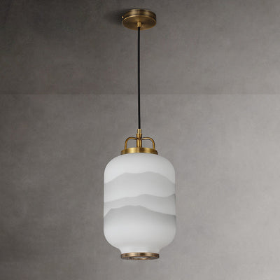 Traditionelle chinesische Zen-Tuschemalerei, zylindrischer Glasschirm, Kupfer, 1-flammige Pendelleuchte für Wohnzimmer 