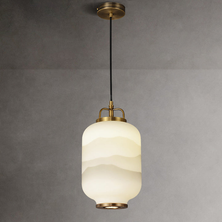 Traditional Chinese Zen Ink Wash Painting Glass Cylindrical Shade Copper 1-Light Pendant Light For Living Room