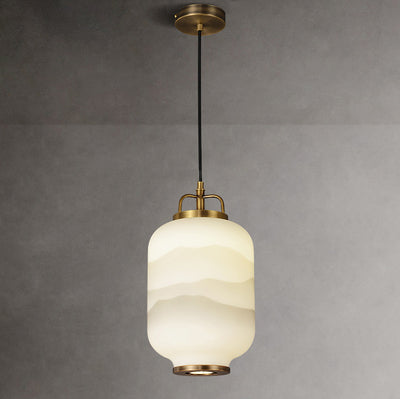 Traditionelle chinesische Zen-Tuschemalerei, zylindrischer Glasschirm, Kupfer, 1-flammige Pendelleuchte für Wohnzimmer 