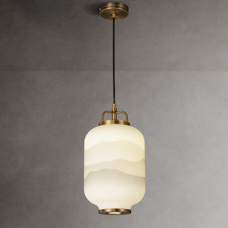 Traditionelle chinesische Zen-Tuschemalerei, zylindrischer Glasschirm, Kupfer, 1-flammige Pendelleuchte für Wohnzimmer 