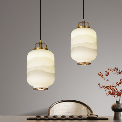 Traditionelle chinesische Zen-Tuschemalerei, zylindrischer Glasschirm, Kupfer, 1-flammige Pendelleuchte für Wohnzimmer 