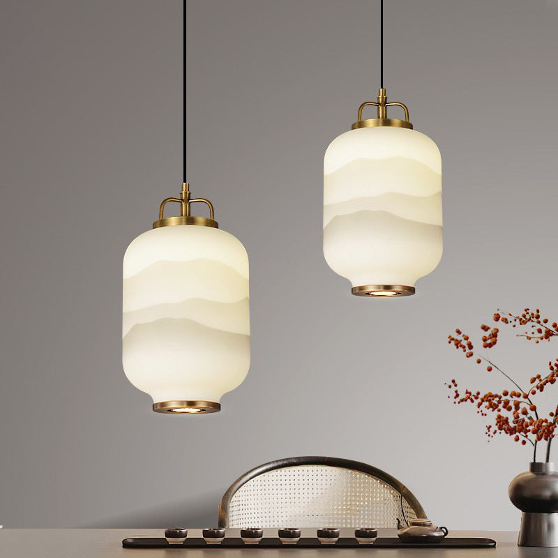 Traditionelle chinesische Zen-Tuschemalerei, zylindrischer Glasschirm, Kupfer, 1-flammige Pendelleuchte für Wohnzimmer 