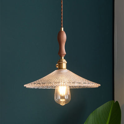 Suspension lumineuse traditionnelle japonaise en bois massif avec abat-jour en verre rond 1 lumière pour chambre à coucher 