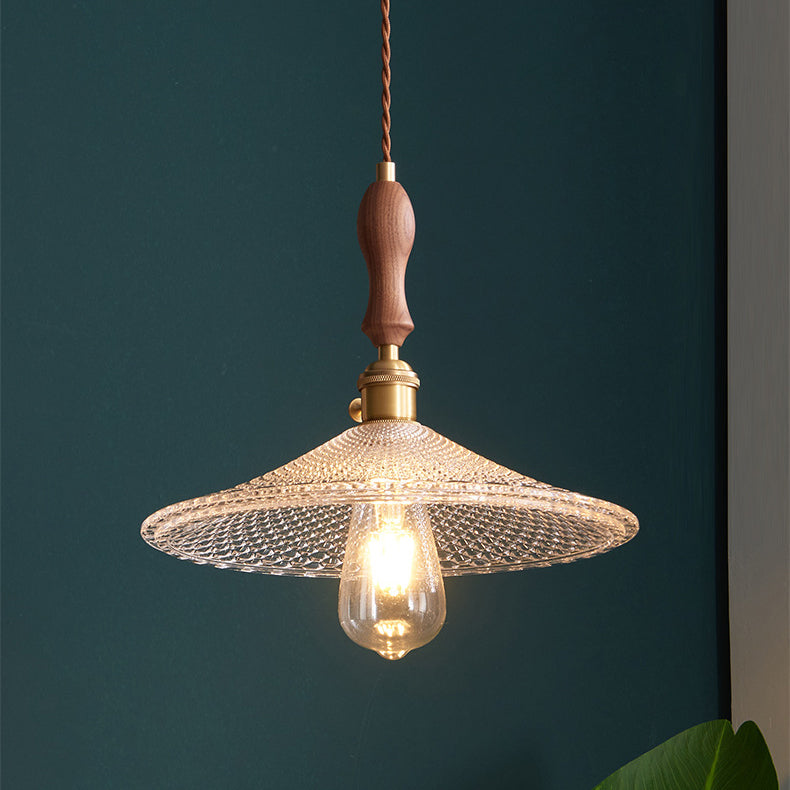 Suspension lumineuse traditionnelle japonaise en bois massif avec abat-jour en verre rond 1 lumière pour chambre à coucher 