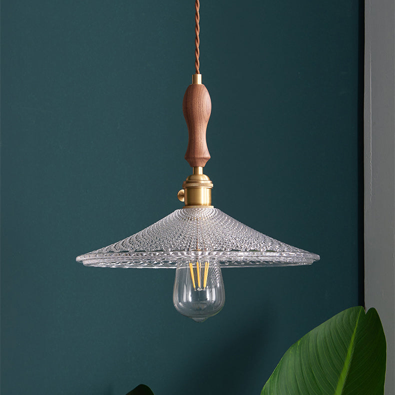 Suspension lumineuse traditionnelle japonaise en bois massif avec abat-jour en verre rond 1 lumière pour chambre à coucher 