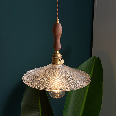 Suspension lumineuse traditionnelle japonaise en bois massif avec abat-jour en verre rond 1 lumière pour chambre à coucher 