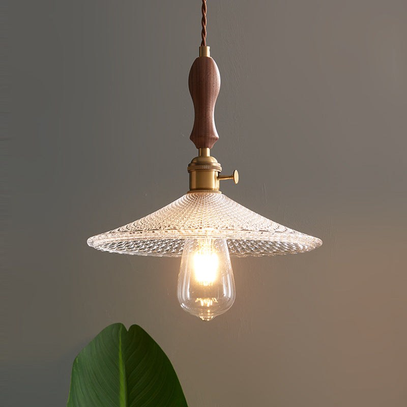 Suspension lumineuse traditionnelle japonaise en bois massif avec abat-jour en verre rond 1 lumière pour chambre à coucher 