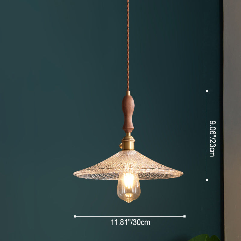 Suspension lumineuse traditionnelle japonaise en bois massif avec abat-jour en verre rond 1 lumière pour chambre à coucher 