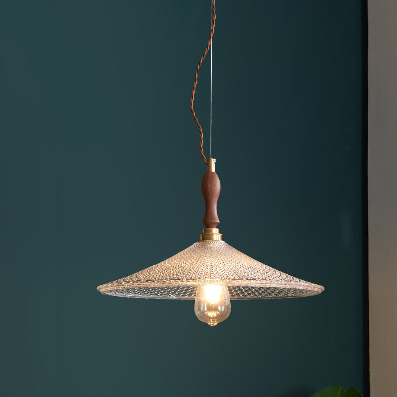 Suspension lumineuse traditionnelle japonaise en bois massif avec abat-jour en verre rond 1 lumière pour chambre à coucher 