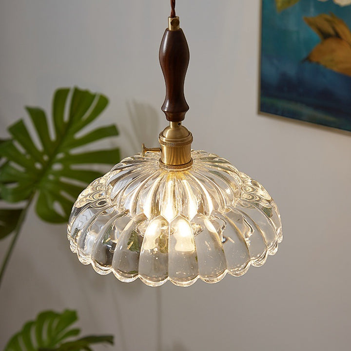 Abat-jour en verre de fleur en bois de noyer japonais traditionnel, suspension à 1 lumière pour salon 