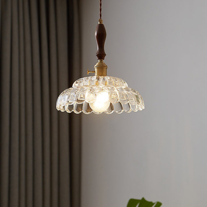 Abat-jour en verre de fleur en bois de noyer japonais traditionnel, suspension à 1 lumière pour salon 